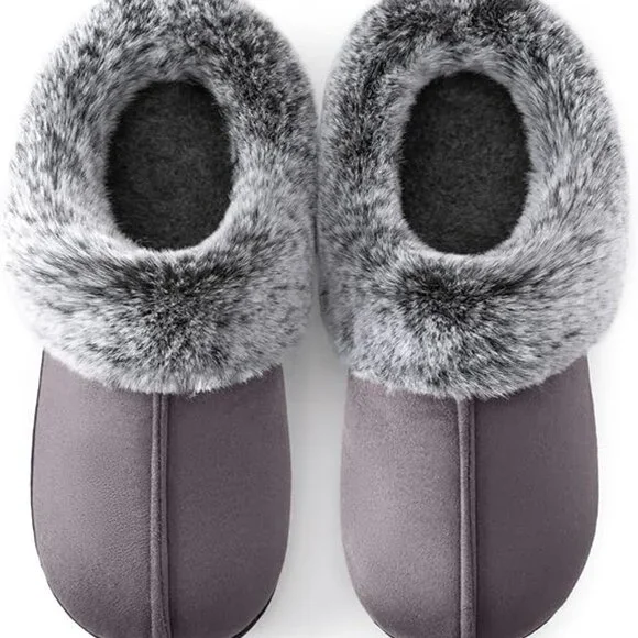 Women's Moccasins Faux Fur Trim Memory Foam Slippers(Dark Gray) - Picture 1 of 7